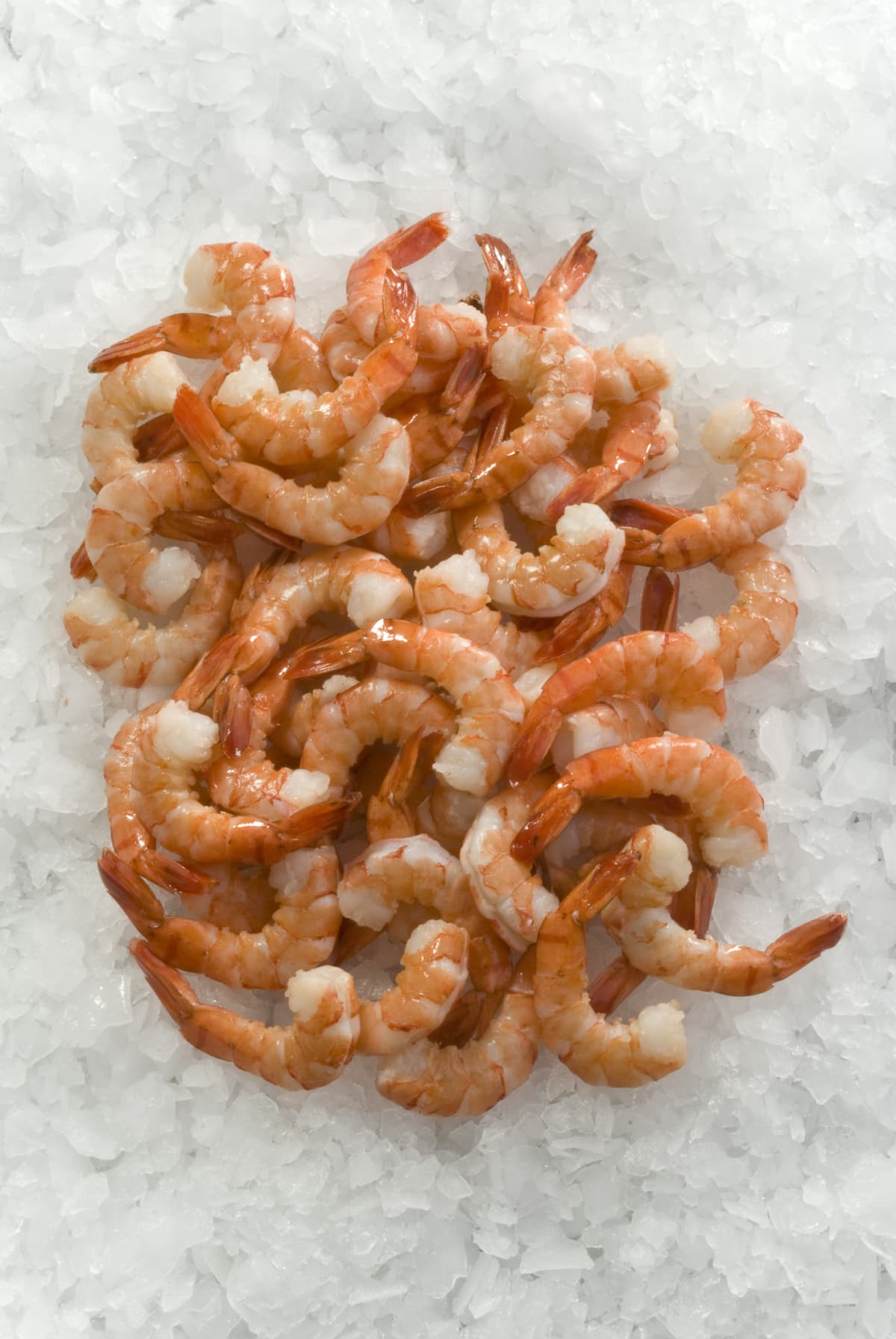 Pile of raw shrimp on ice