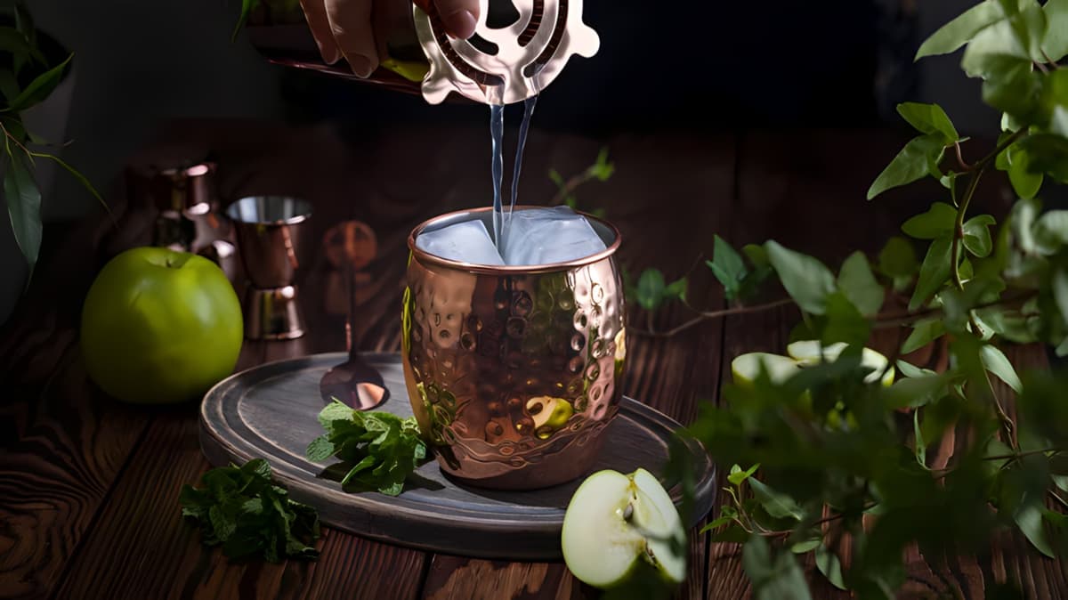 Alcohol pouring into kentucky mule