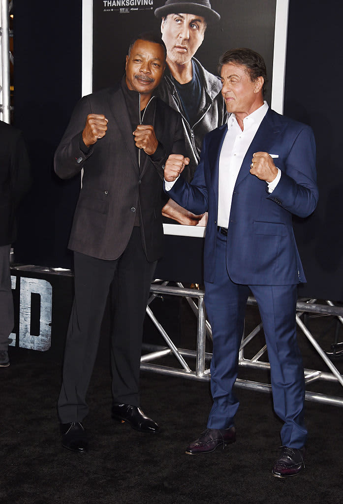 Carl Weathers & Sylvester Stallone during Frank Stallone Album Release Party for "In Love In Vain" at Capitol Records in Hollywood, California, United States. (Photo by L. Cohen/WireImage)