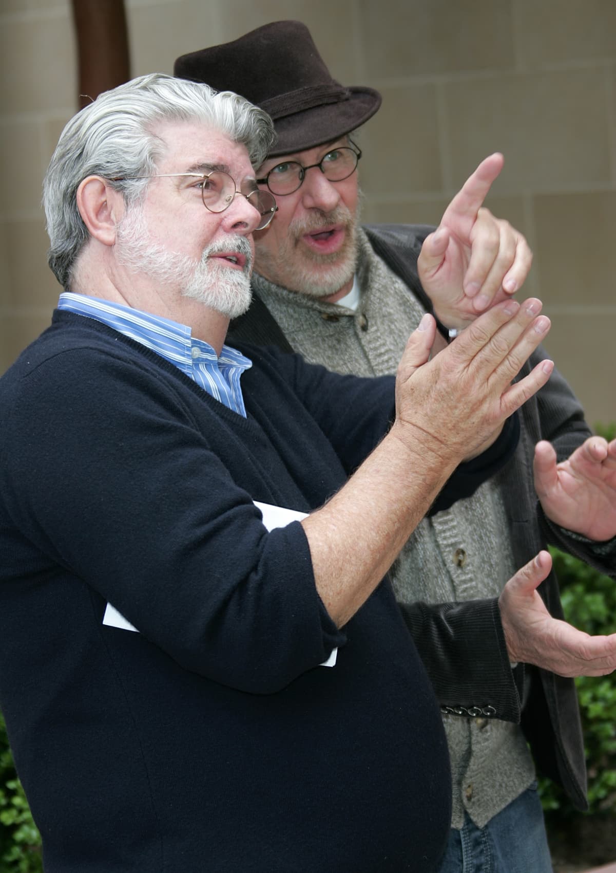 Steven Spielberg and George Lucas looking at something offscreen