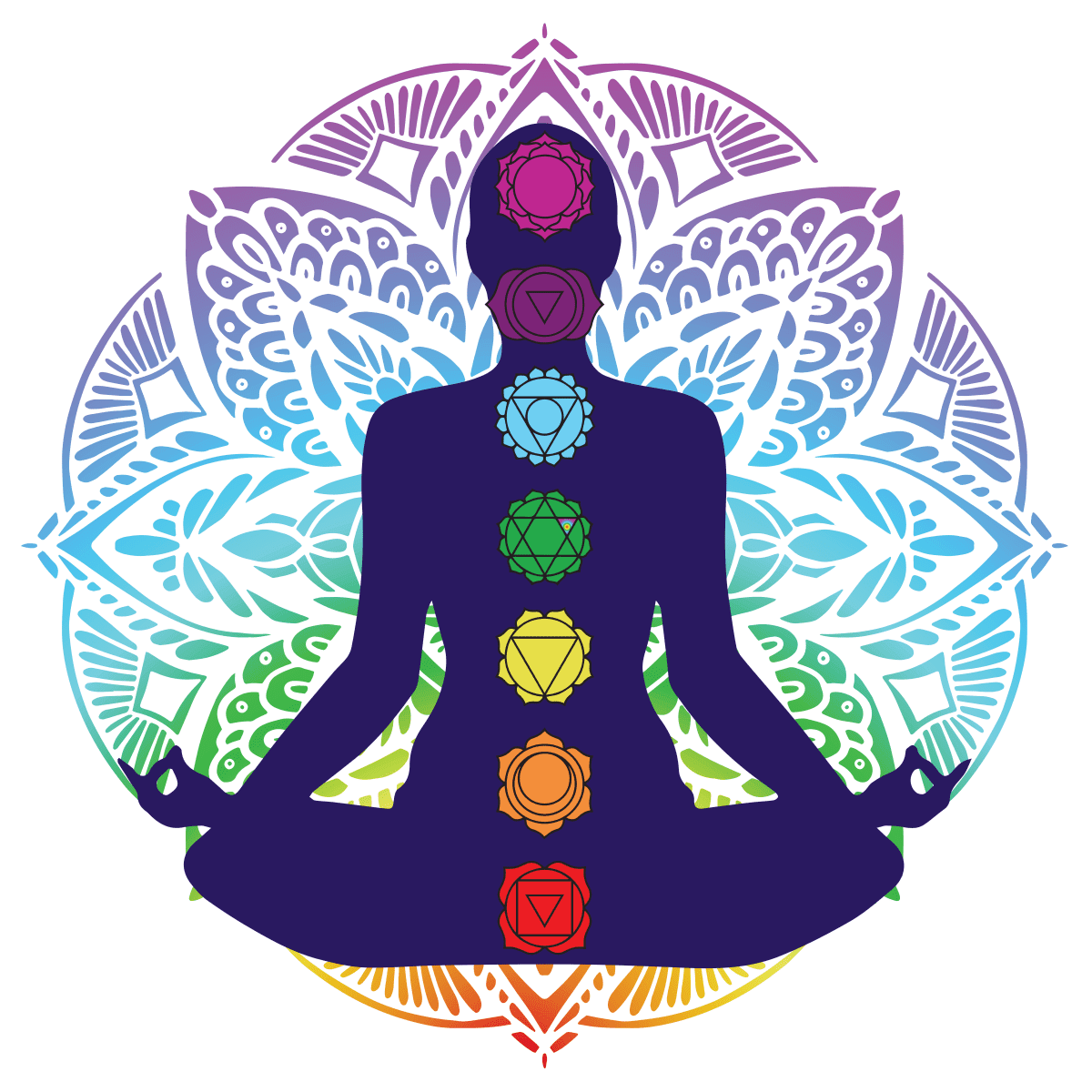 Human silhouette in yoga pose with chakras