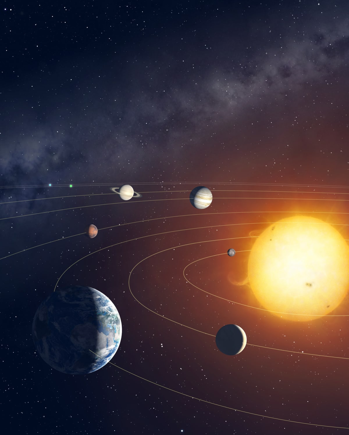 Artwork of the solar system, showing the paths of the eight major planets as they orbit the Sun.