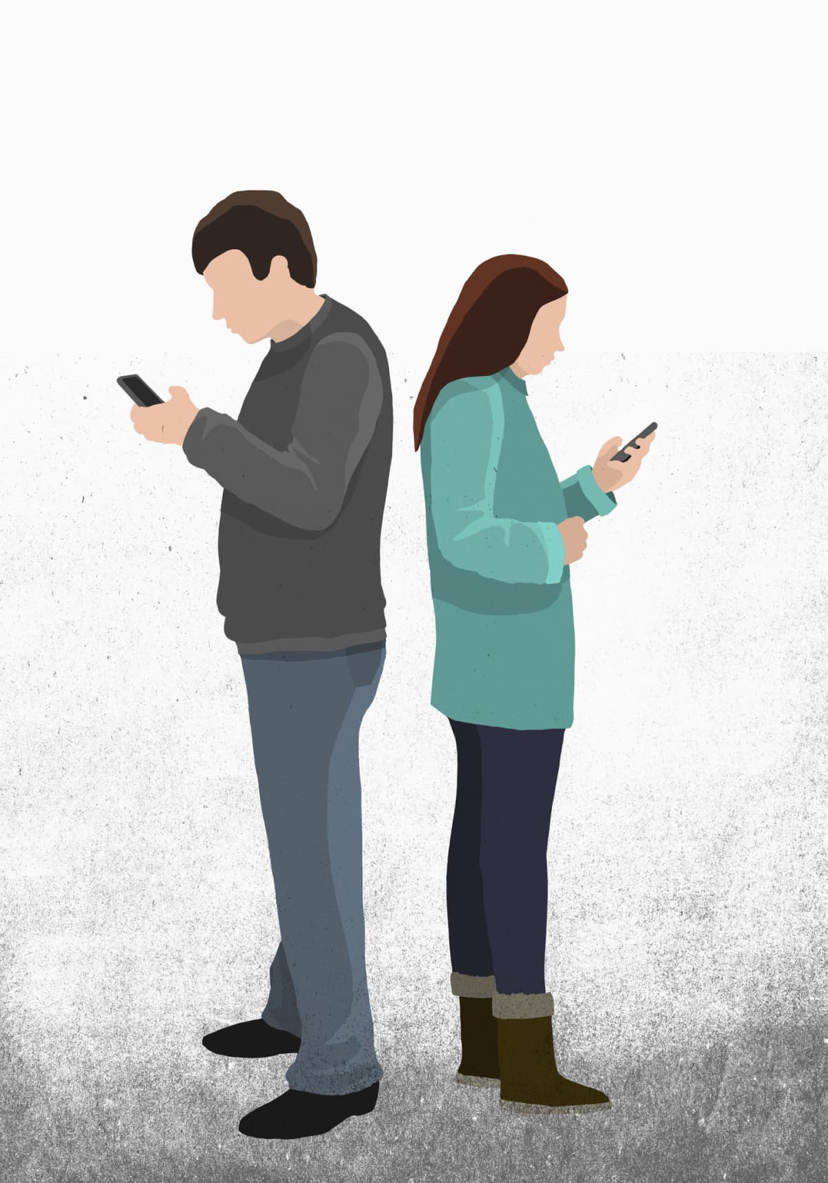Cartoon drawing of a man and woman standing back to back on their phones