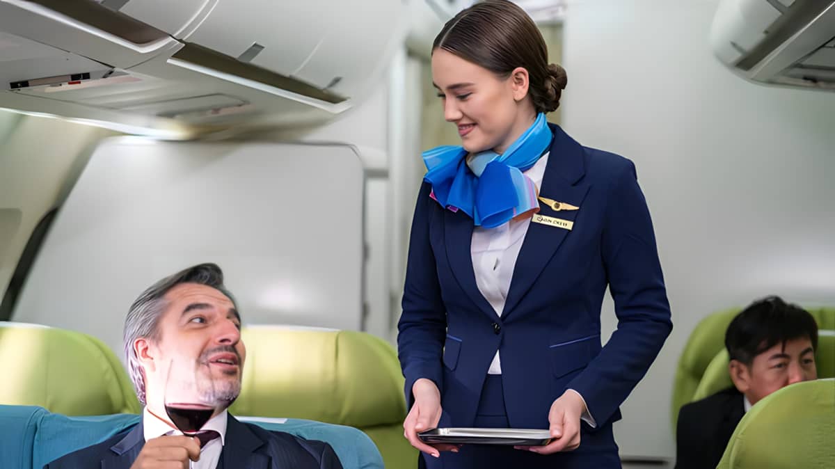 Flight attendant talking to man
