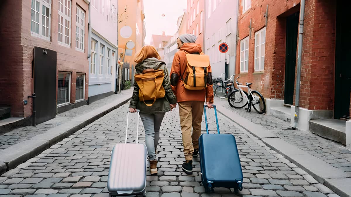 Couple walking with suitcases