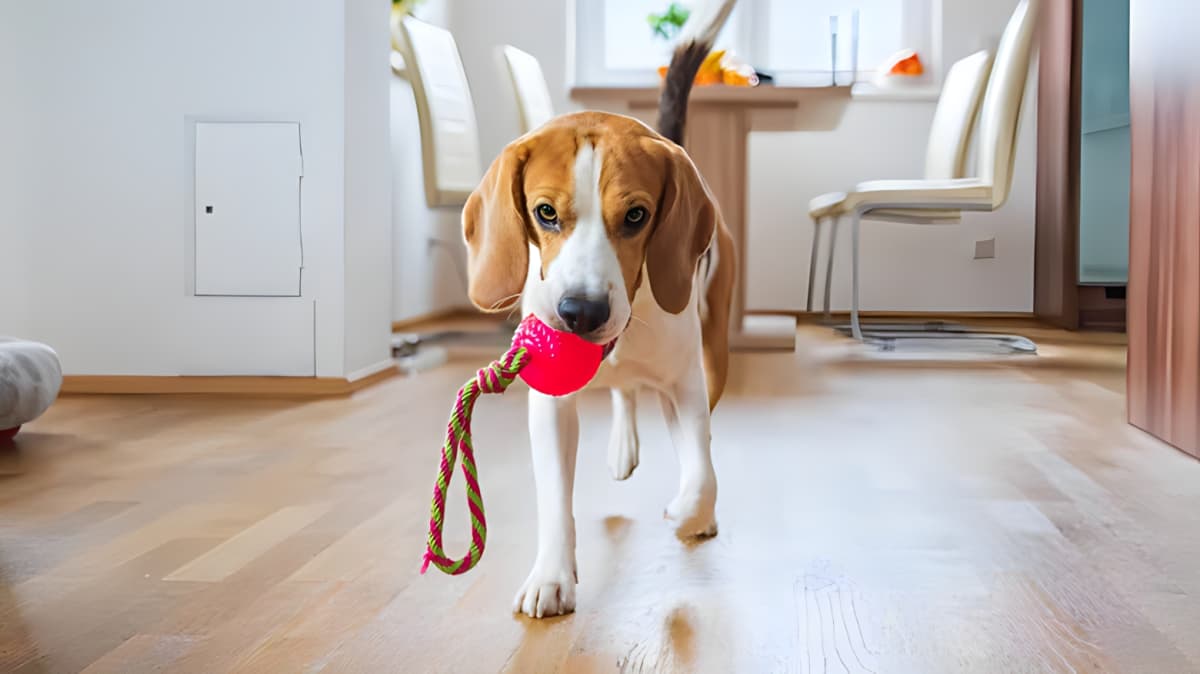 Beagle playing with toy