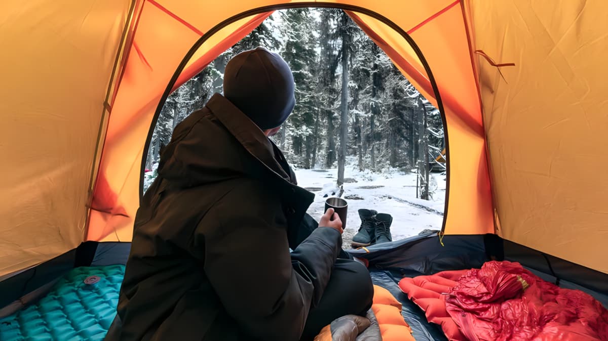 Man in a tent looking at the snowy forest