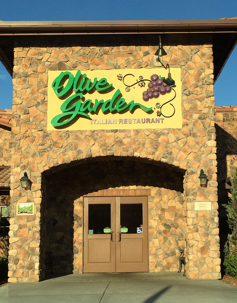Exterior of an Olive Garden restaurant. 