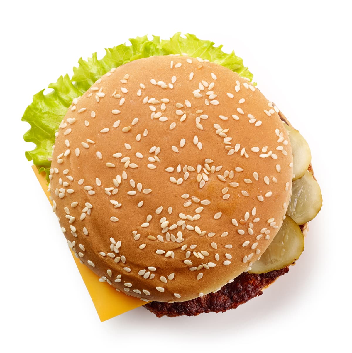 A cheeseburger on a white background.