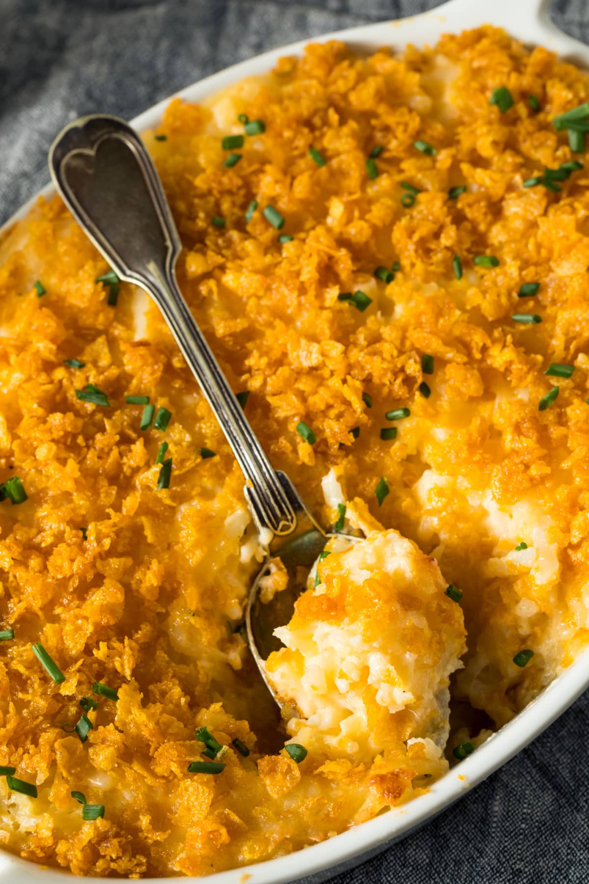 Homemade Funeral Potatoes Casserole with Cheese and Chives