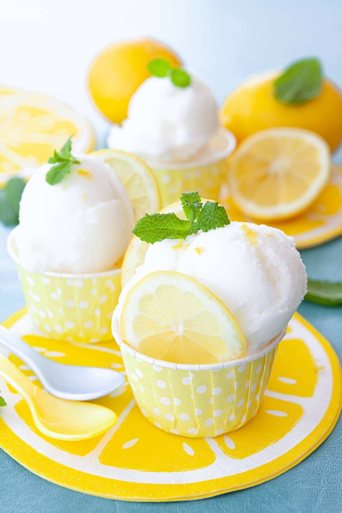 Lemon sorbet with lemon slices and mint leaves