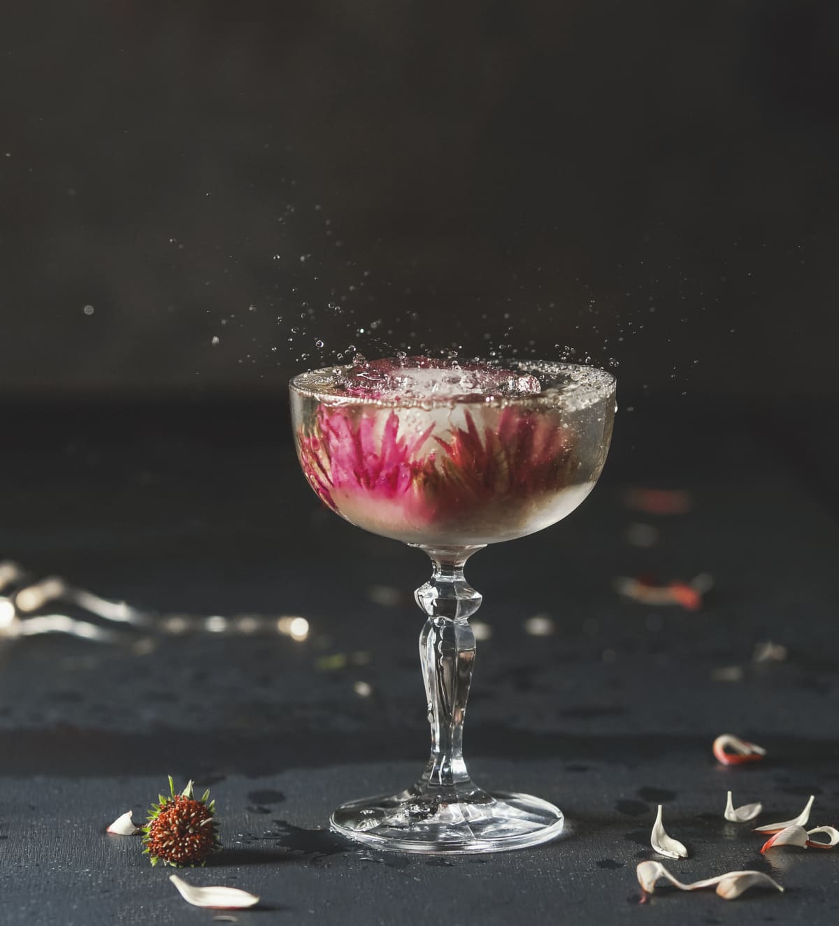 Cocktail in champagne glass with flowers ice cubes and splash on dark table with petals at black wall background.