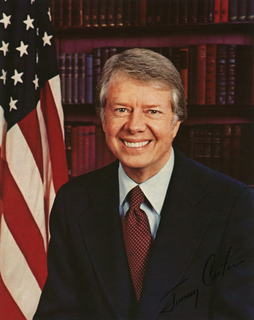 circa 1980:  Portrait of Jimmy Carter, the thirty-ninth President of the United States, who served from 1977 to 1981. Carter oversaw the Panama Treaty and the Camp David Agreement between Israel and Egypt in 1979. His administration also was faced with the Iranian hostage crisis, failing in negotiations to release the 52 American hostages.  (Photo by Hulton Archive/Getty Images)