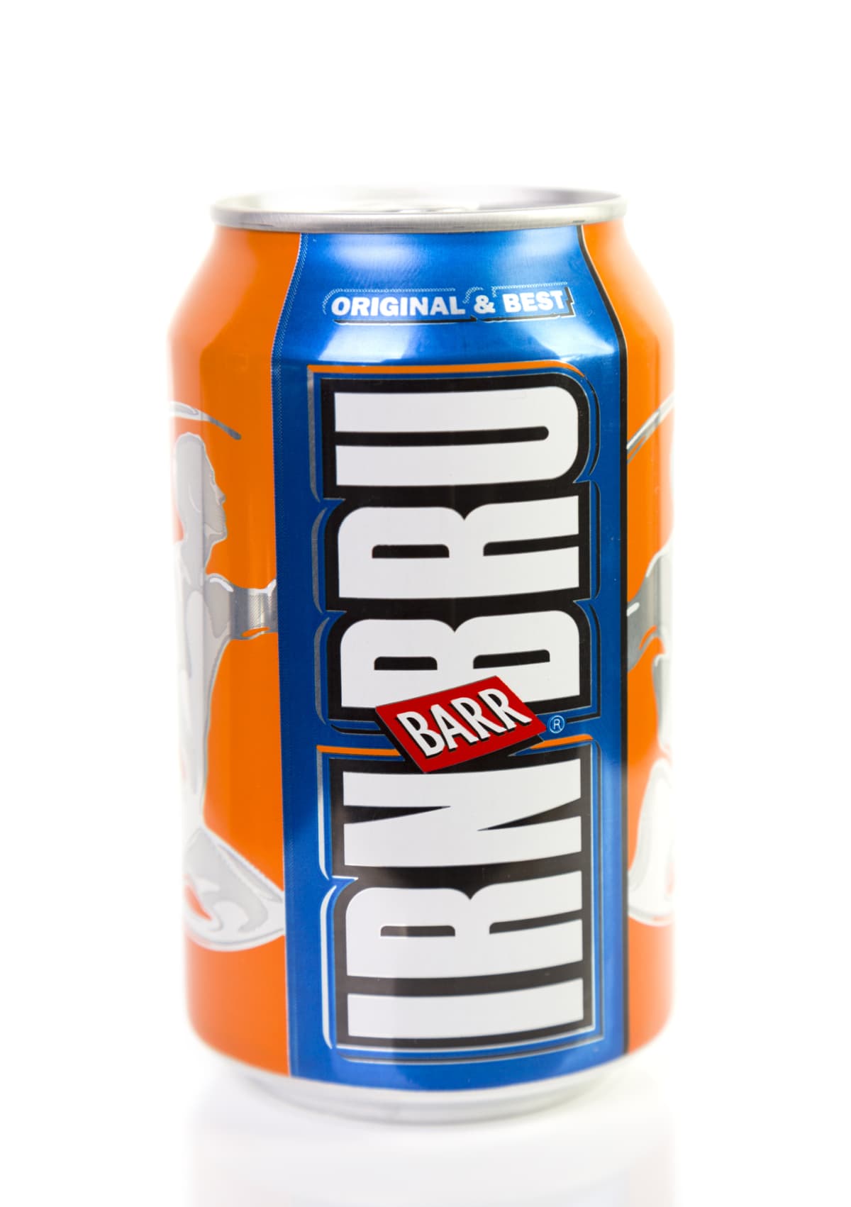 Glasgow, UK - April 21, 2013: A can of Barr's Irn Bru. Studio shot on a white background. Irn Bru is a carbonated caffeinated soft drink produced in Scotland since 1901. In Scotland it is the most popular soft drink, outselling Coca-Cola.