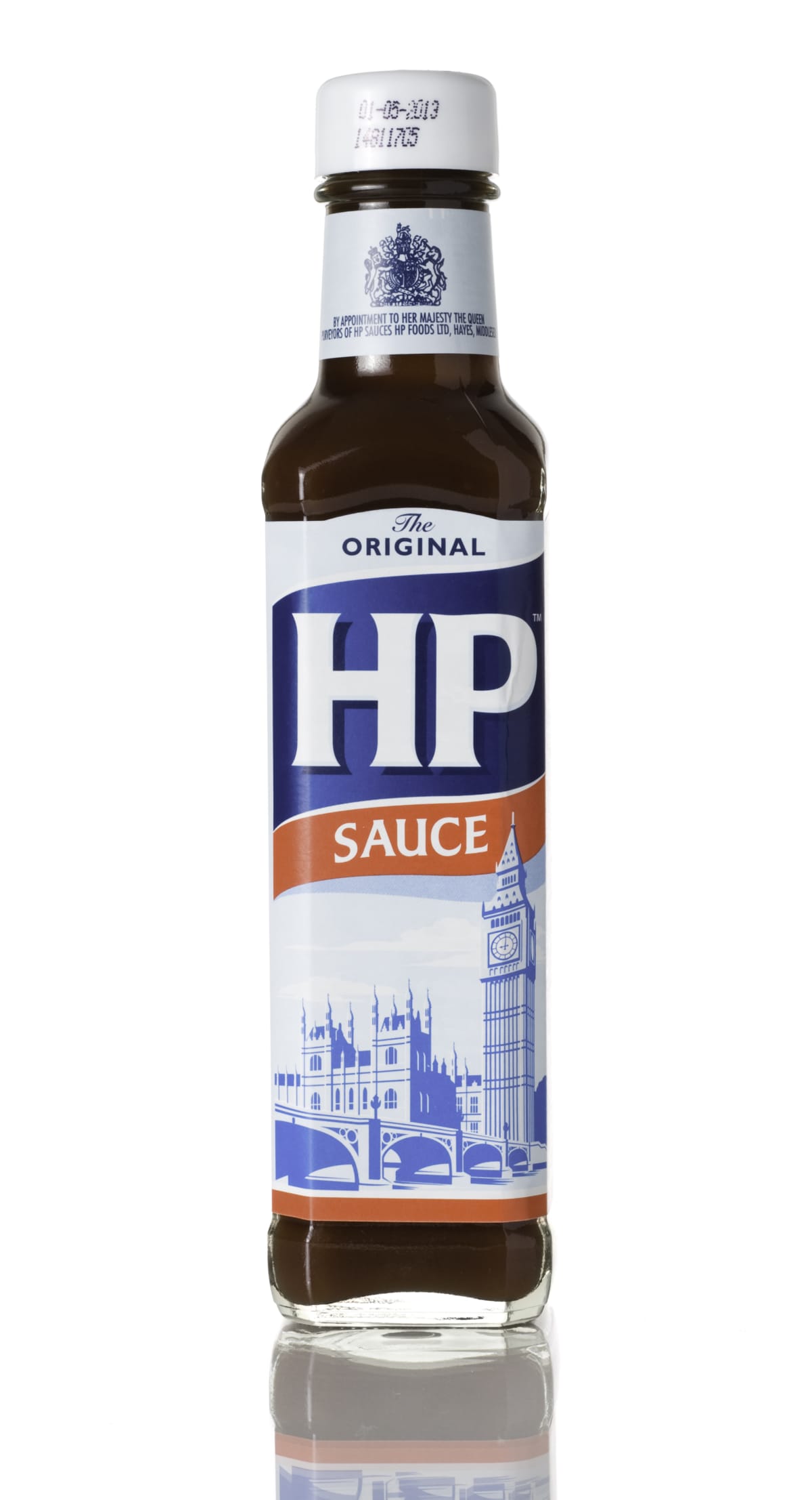 A glass bottle of HP sauce isolated on a white background.