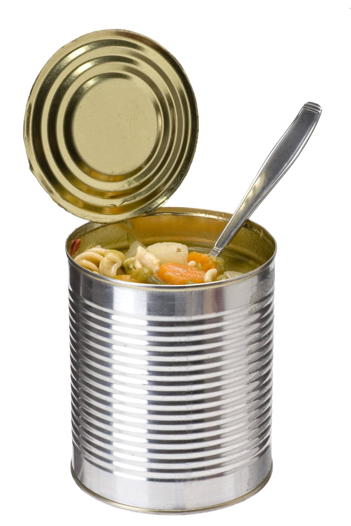 Canned chicken noodle soup with a spoon in it