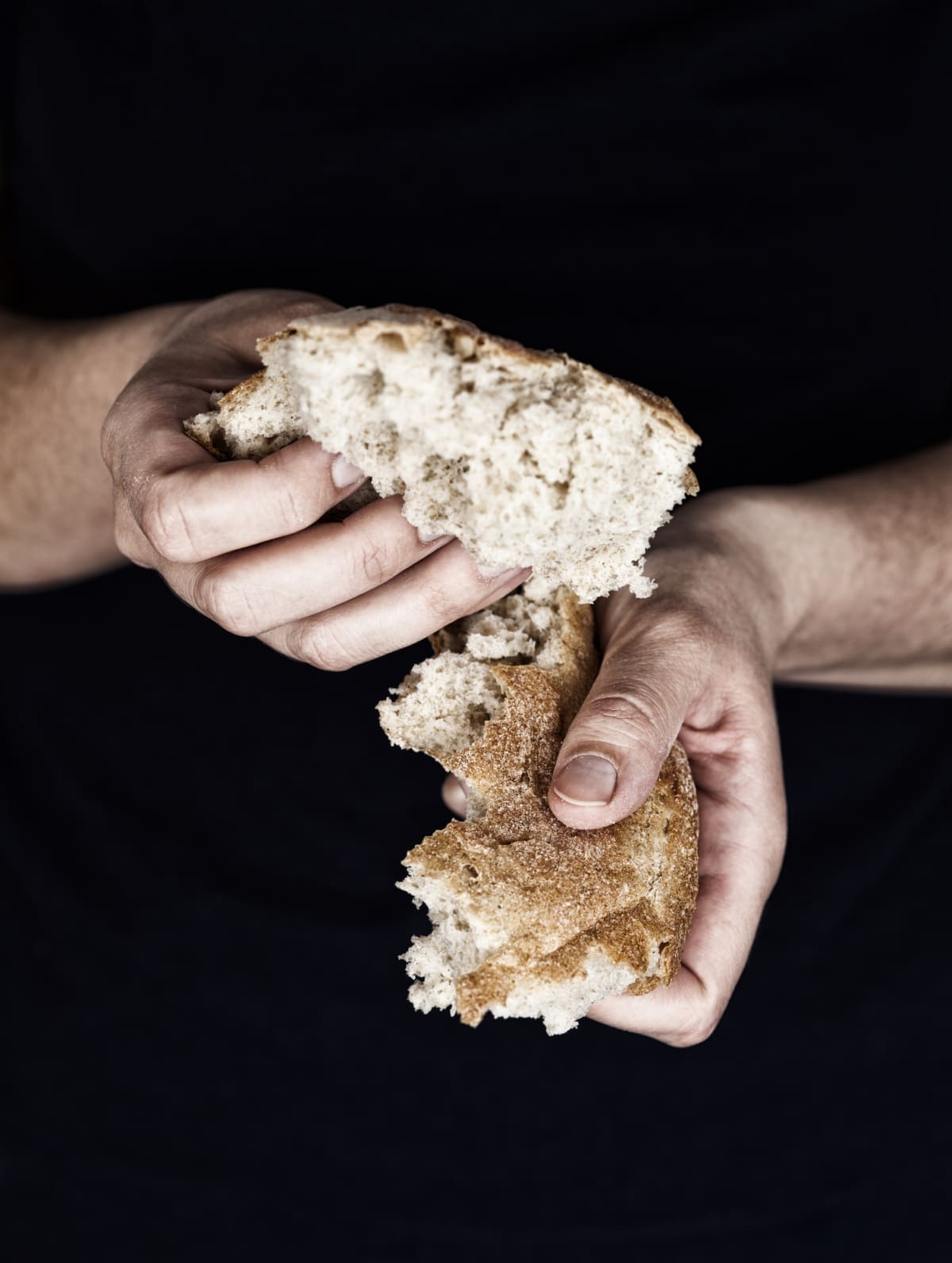 Woman's hands holding a pieces of bread.