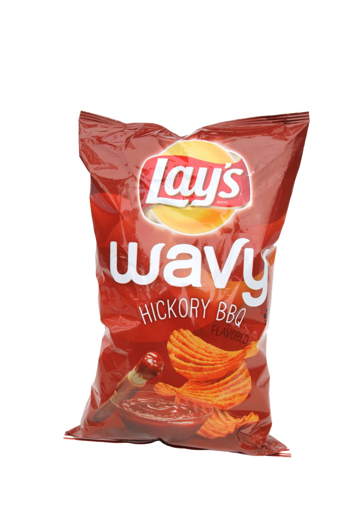 West Palm Beach, USA - January 31, 2016: A package of Lay's Wavy Hickory BBQ potato chips on a white background. Lay's potato chips are made by Frito Lay Inc. 