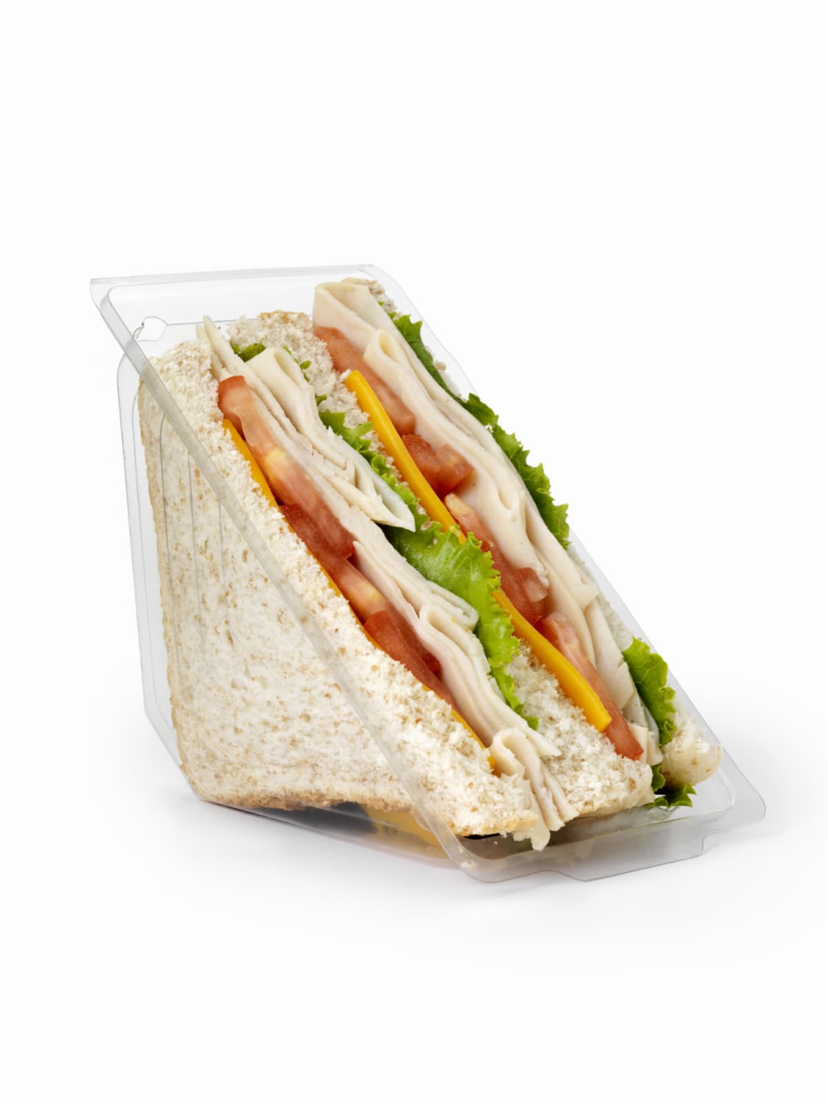 Turkey and Cheddar Cheese Sandwich with Lettuce and Tomato in a Plastic Take out Container-Photographed on Hasselblad H3D2-39mb Camera