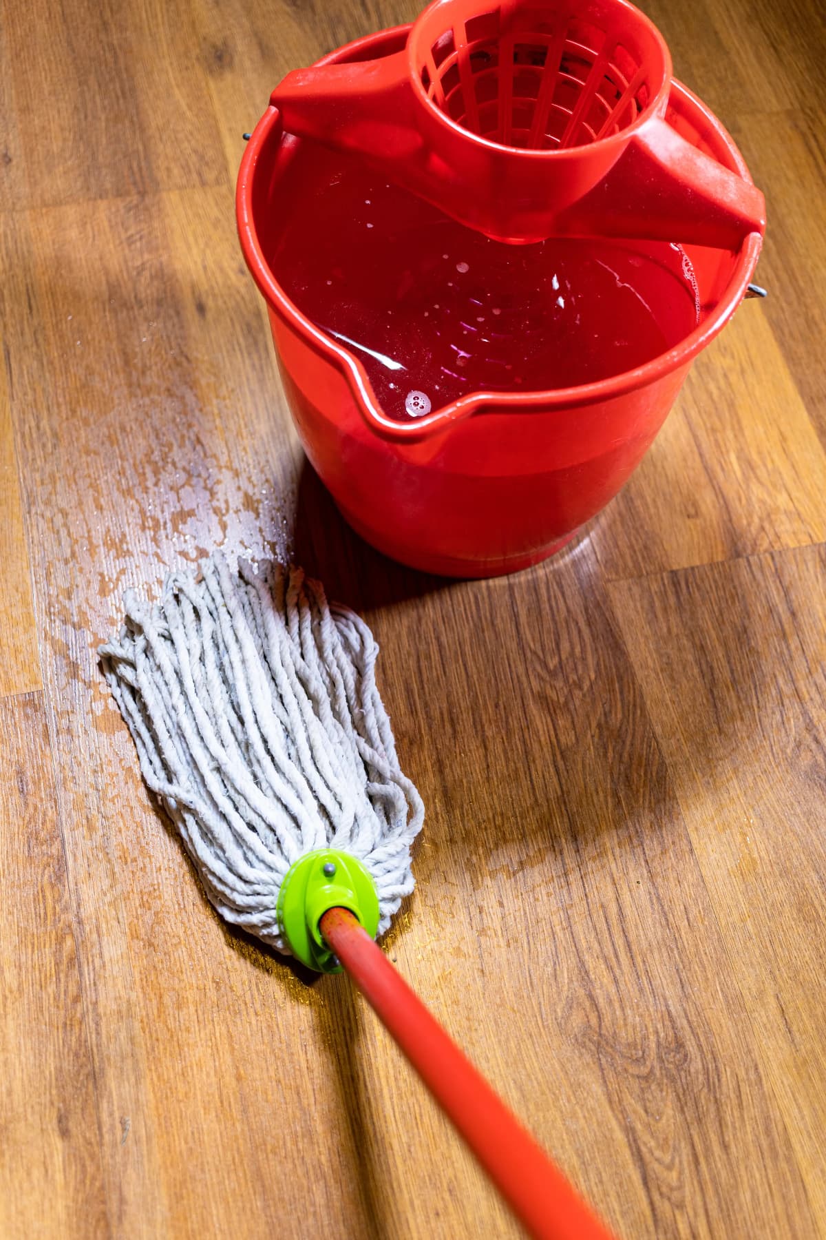 Mop and water bucket on a wood floor