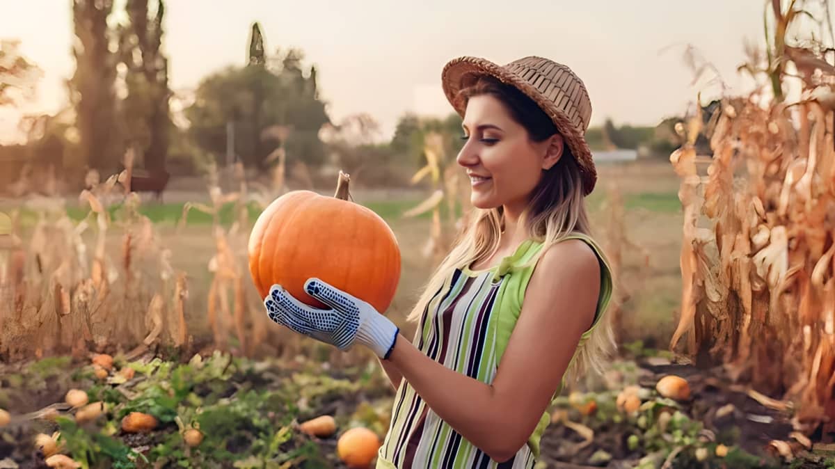 A woman cradling a fresh pumpkin in an open field