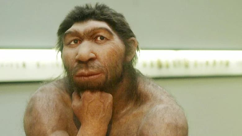 A Neanderthal with its hand under its chin