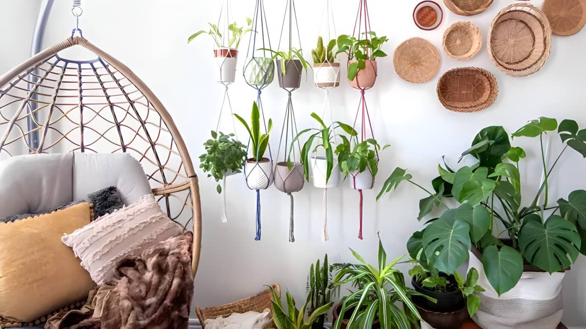 A variety of potted hanging houseplants