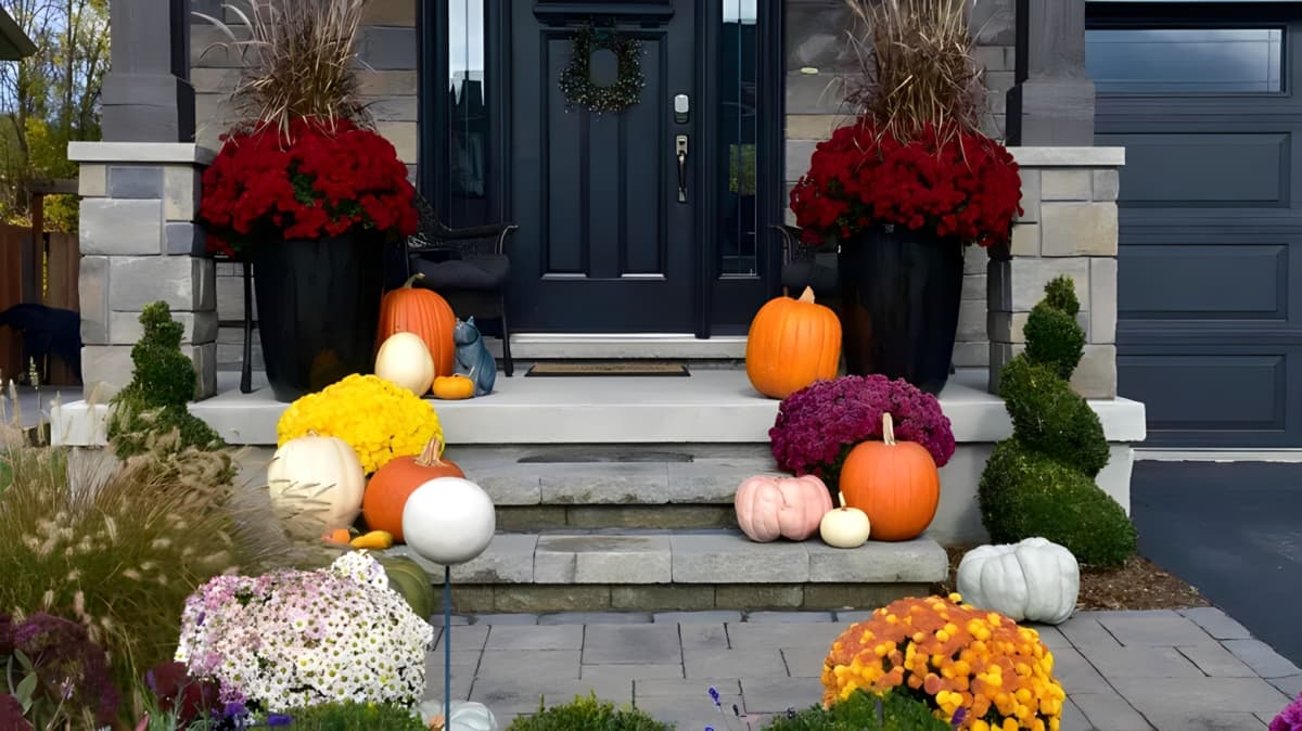 Front porch decorated with orange and white pumpkins and potted flowers