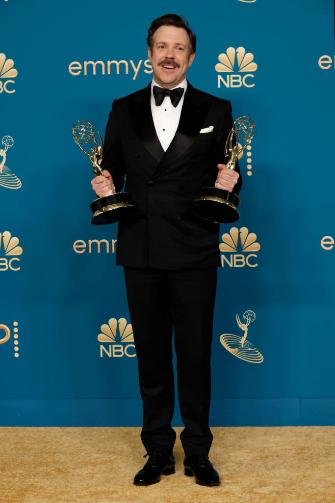 Jason Sudeikis, winner of Outstanding Directing For A Comedy Series and Outstanding Lead Actor in a Comedy Series for "Ted Lasso", poses in the press room during the 74th Primetime Emmys at Microsoft Theater on September 12, 2022 in Los Angeles, California.