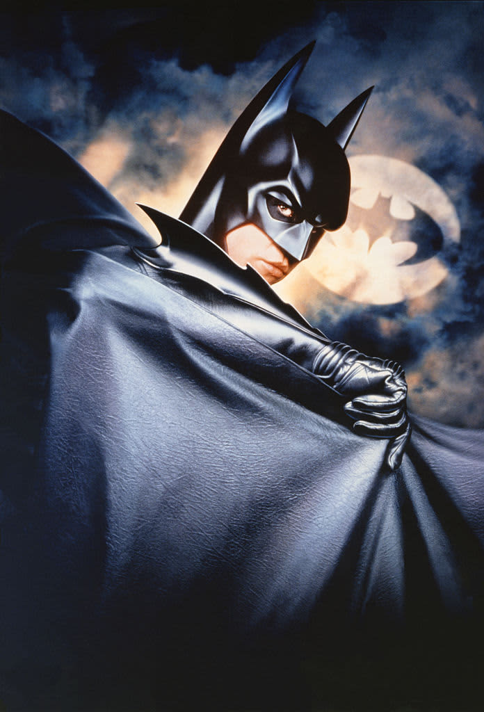 American actor Val Kilmer dressed as Batman on the set of "Batman Forever."