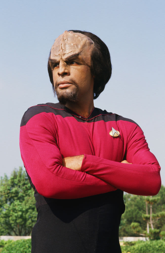 LOS ANGELES, CA - 1987:  Actor Michael Dorn, who plays Lt. Worf in the TV show "Star Trek-The Next Generation, is seen in full makeup during a 1987 Los Angeles, California, photo session. (Photo by George Rose/Getty Images)