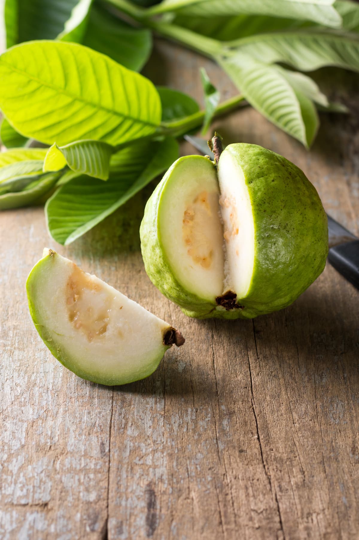 guava fruit sliced on wood table top with leaves in the background, common tropical fruit with yellowish green skin and packed with nutrients, copy space