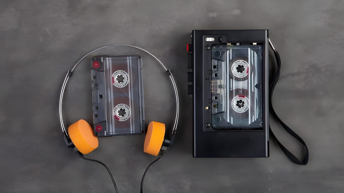 Cassette tape with headphones and player