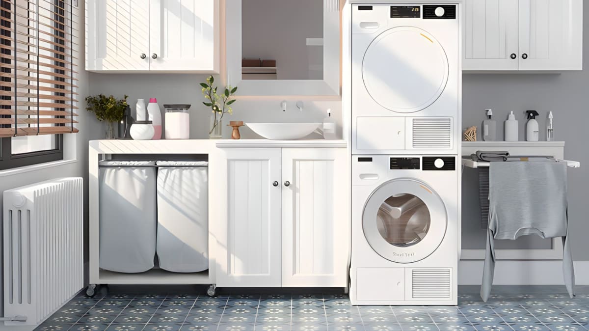 A washroom with a stacked washer and dryer