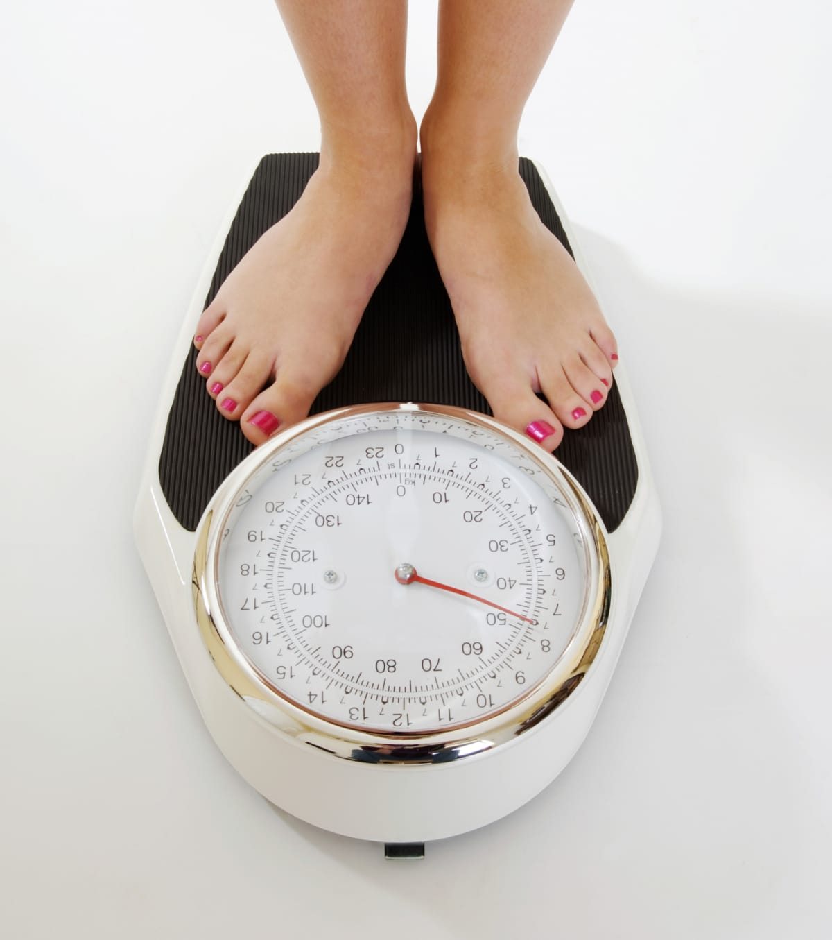 Feet on scales and showing the weight dial to indicate healthy lifestyle