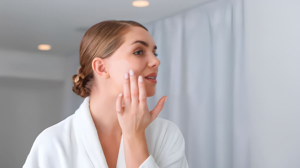 A woman looks at improvements in her skin in the mirror