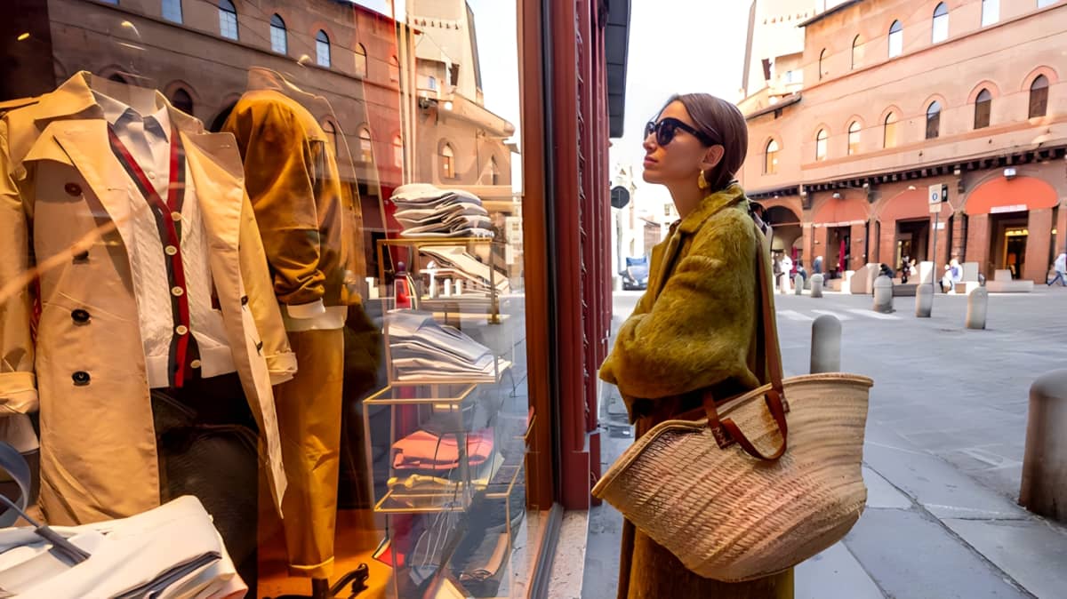 A woman does some window shopping on the street