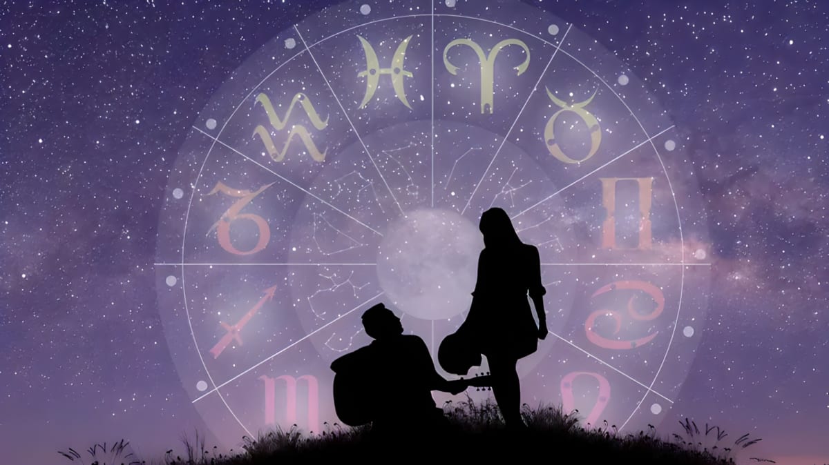 Sillouette of a man playing guitar sitting on the ground and a woman standing next to him with a purple astrological houses background