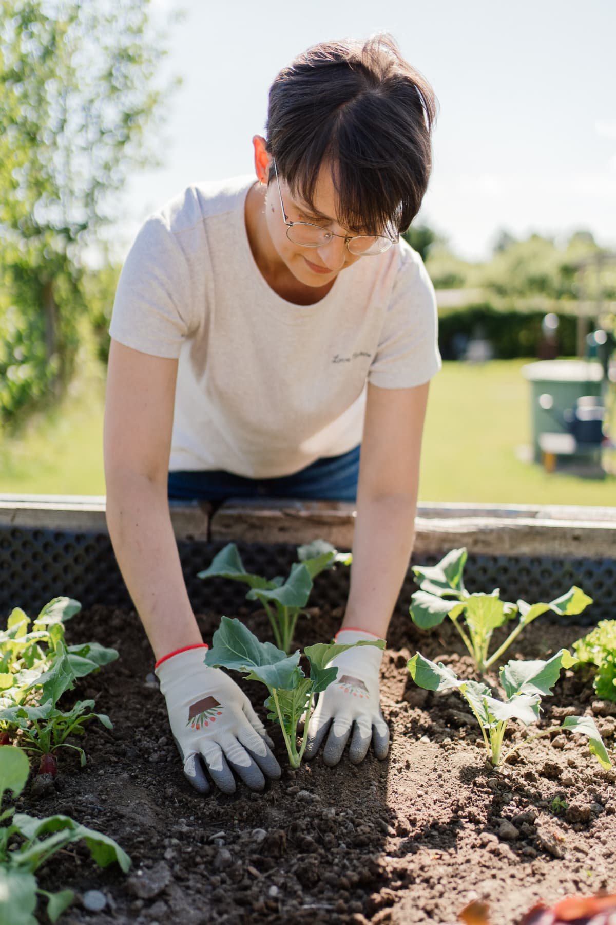 Gardener planting in a raised garden bed