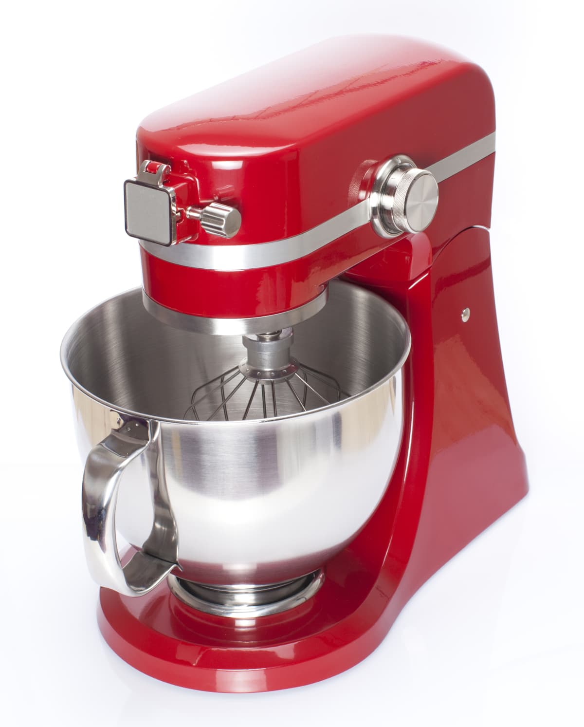 Red stand mixer with a stainless steel bowl