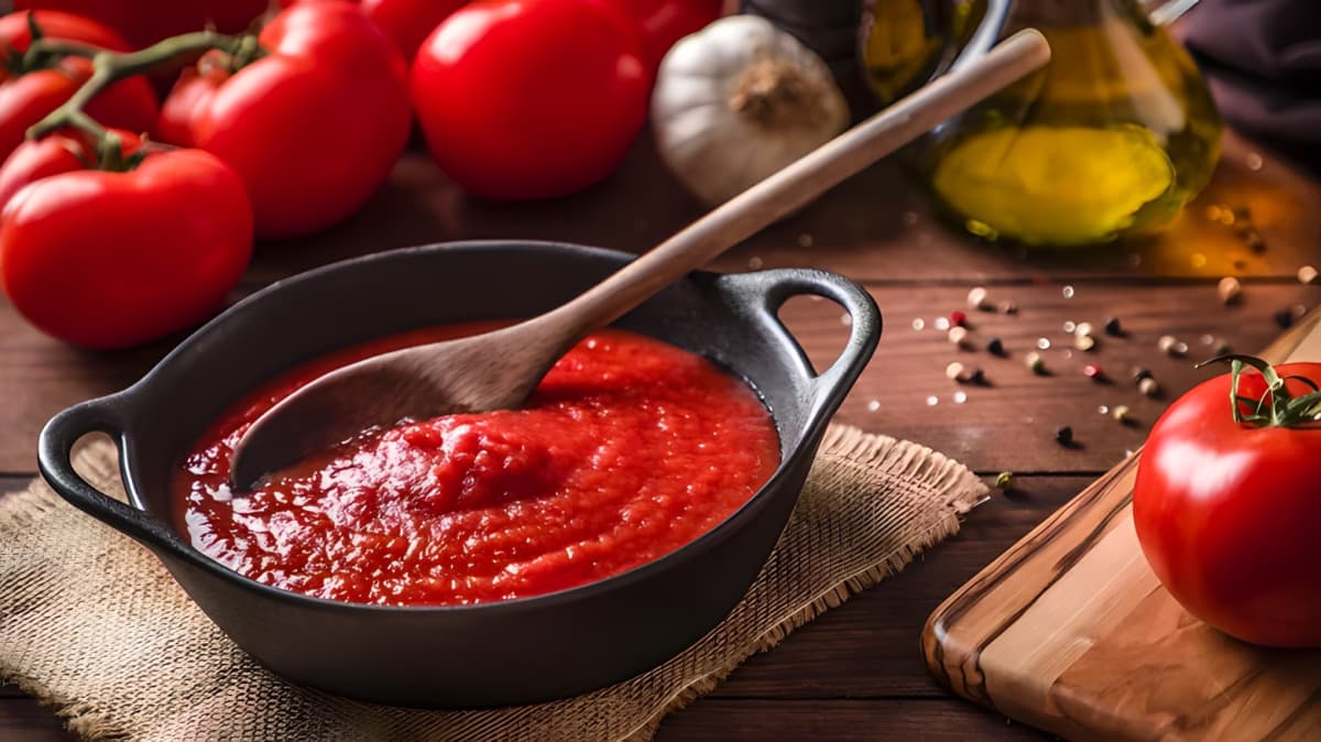 Red sauce being stirred in a pan with a wooden spoon