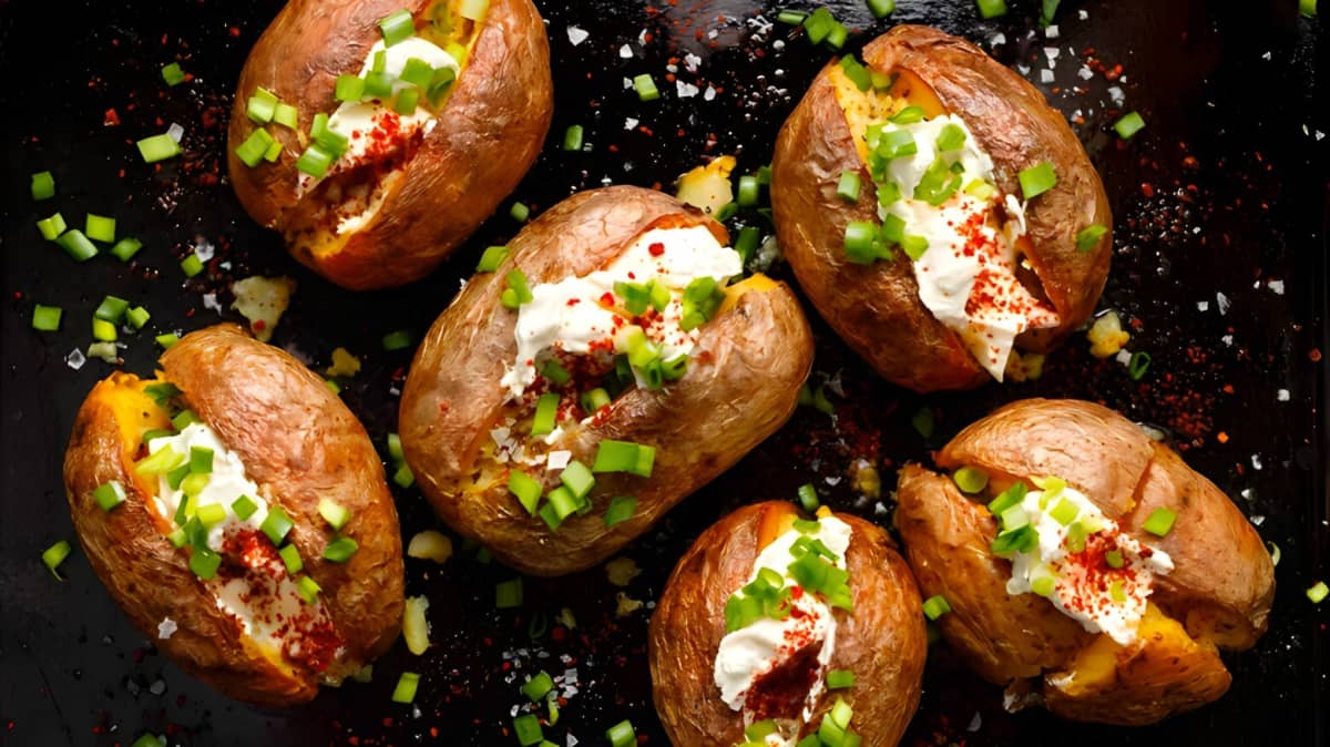 Baked potatoes with sour cream and chives on a dark surface