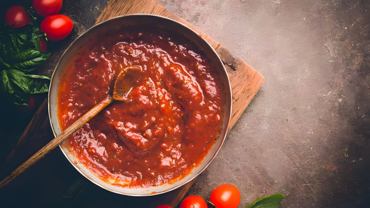 Pomodoro meat sauce in a pot with a wooden spoon