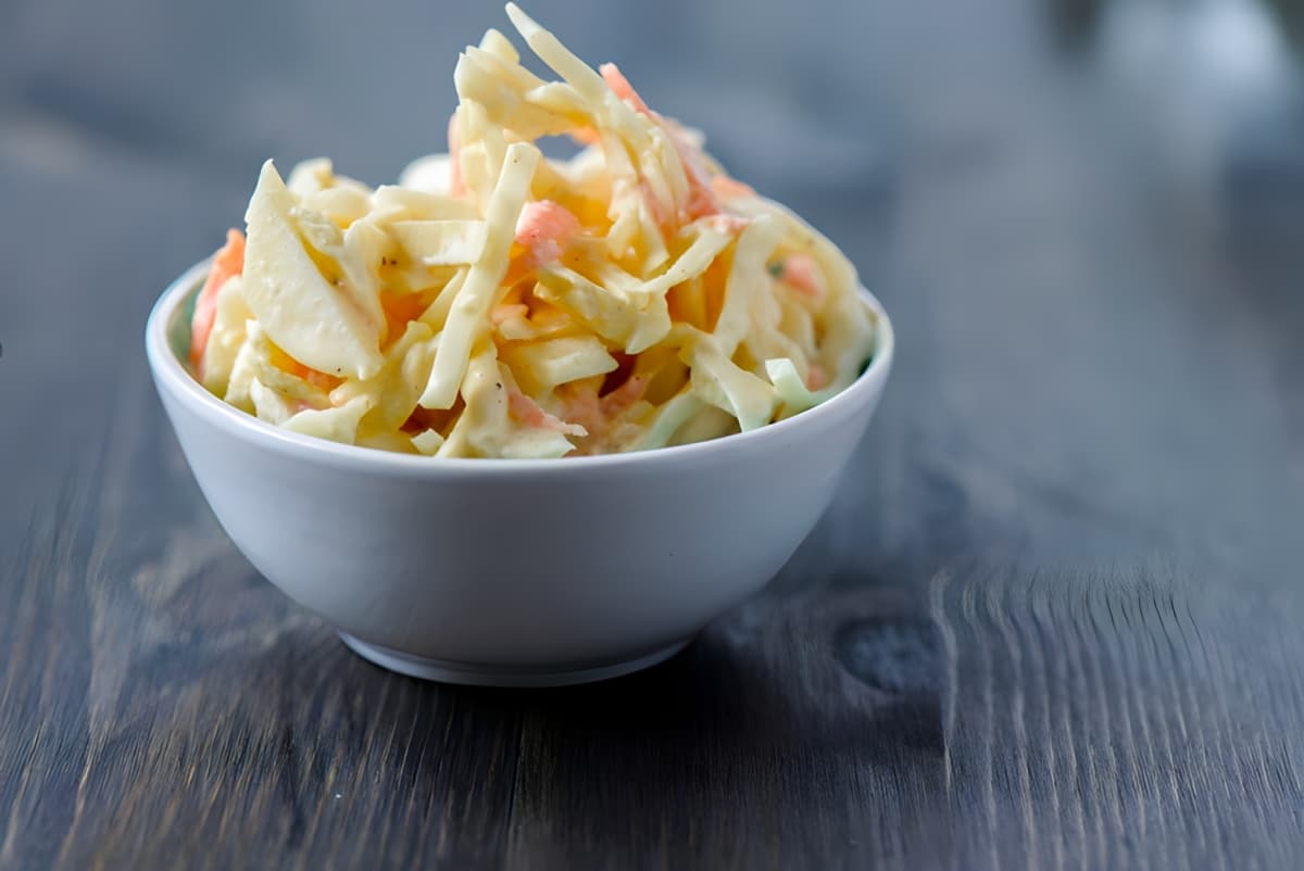 Coleslaw in a white bowl