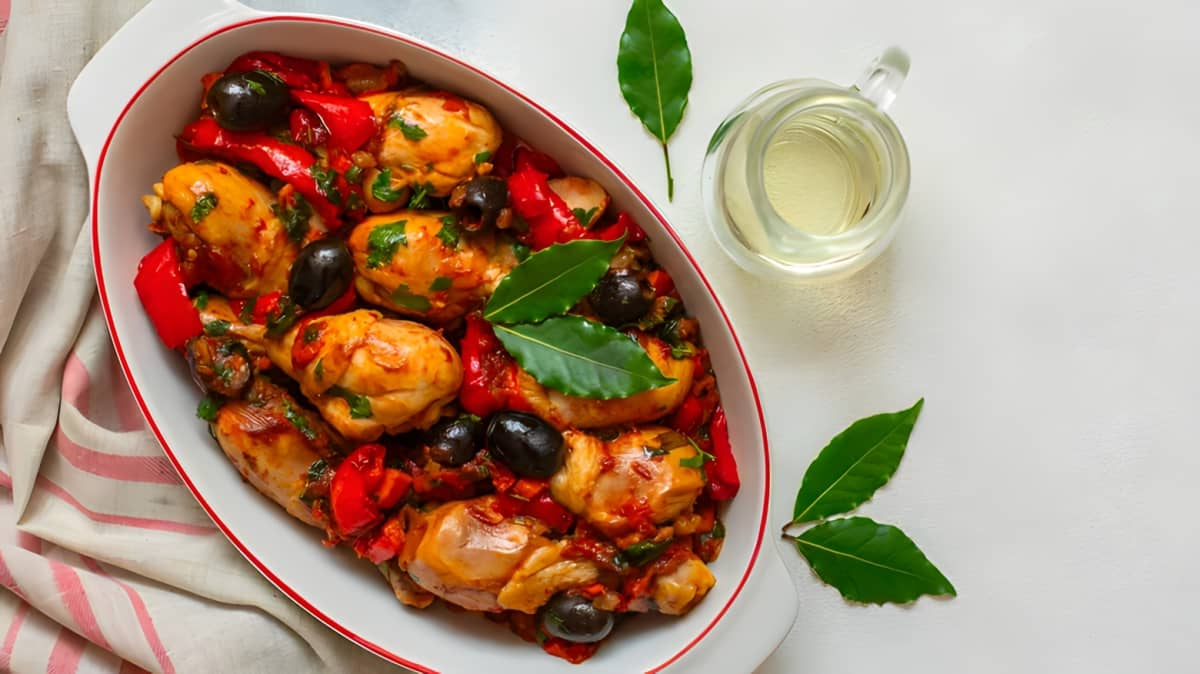 Chicken cacciatore in a roasting pot with bay leaves, olives, herbs and tomatoes