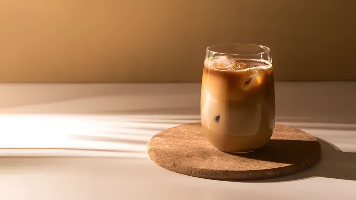 An iced coffee with ice cubes