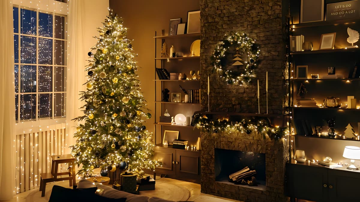Christmas tree next to a fireplace