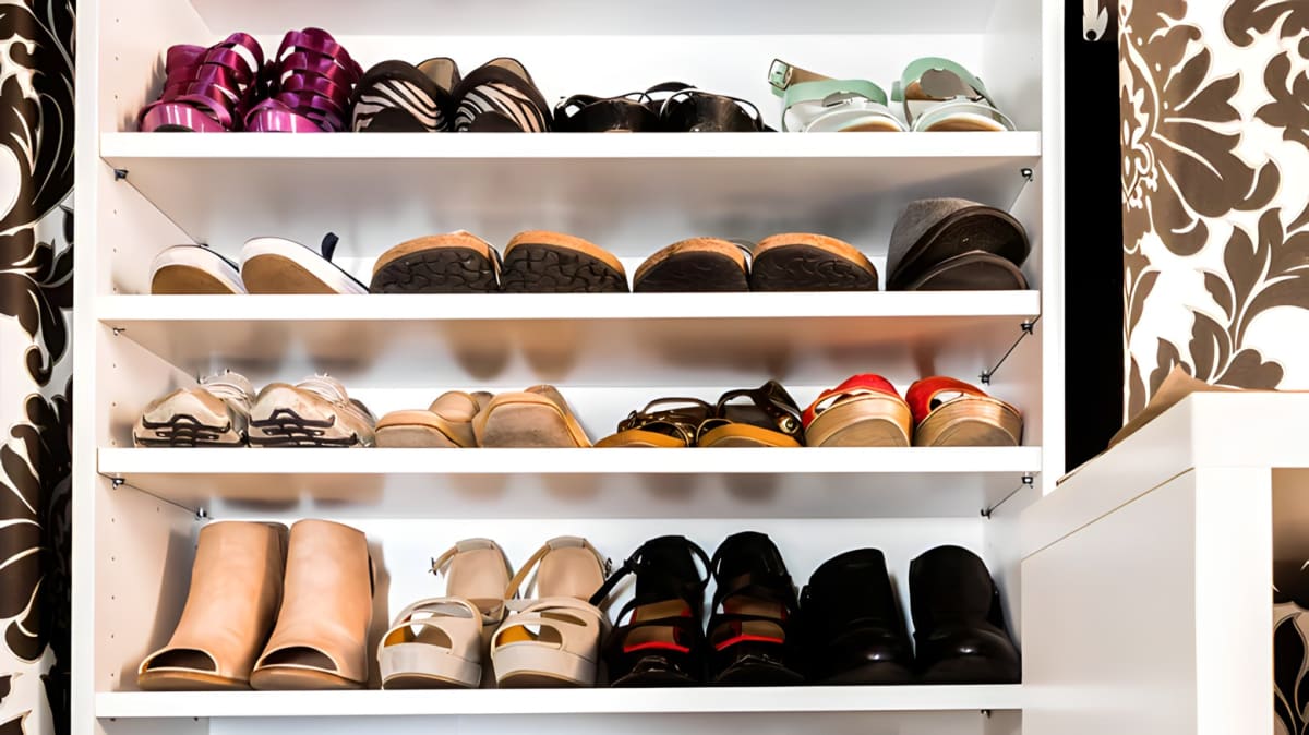 Open closet full of shoes on white shelves