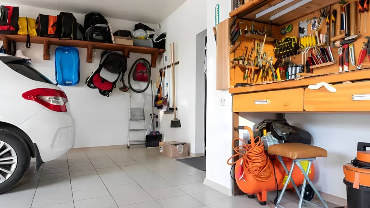 A garage with tools and other items inside