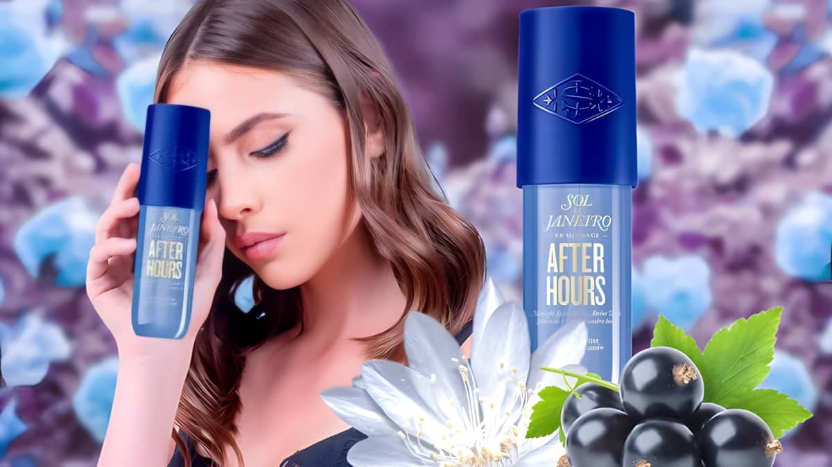 Woman with her eyes closed holding a bottle of Sol De Janeiro's After Hours perfume mist